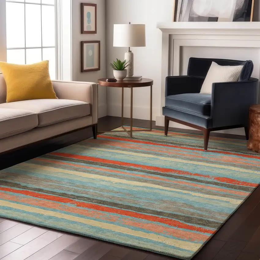 Sky Blue Orange And Ivory Striped Washable Area Rug With UV Protection Photo 2