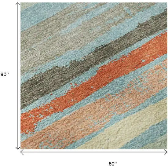 Sky Blue Orange And Ivory Striped Washable Area Rug With UV Protection Photo 8