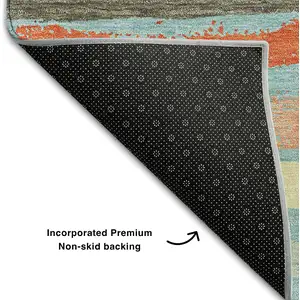 Photo of Sky Blue Orange And Ivory Striped Washable Area Rug With UV Protection