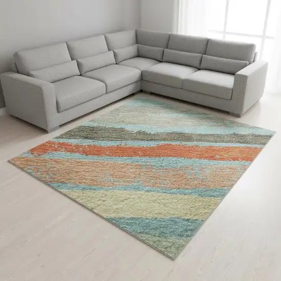 Sky Blue Orange And Ivory Striped Washable Area Rug With UV Protection Photo 2