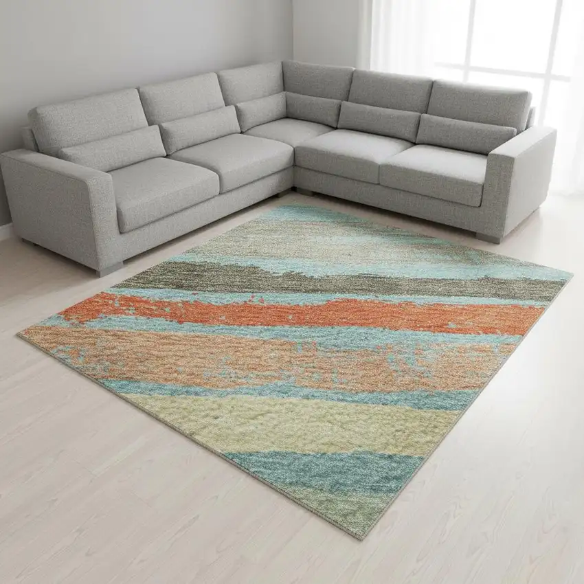 Sky Blue Orange And Ivory Striped Washable Area Rug With UV Protection Photo 2