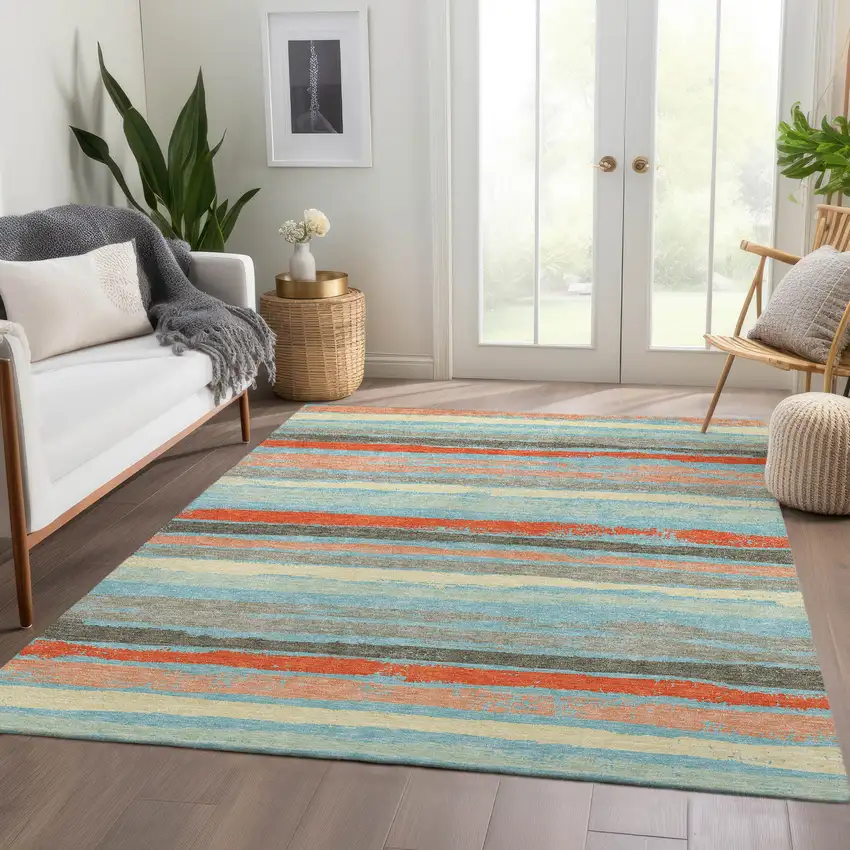 Sky Blue Orange And Ivory Striped Washable Area Rug With UV Protection Photo 3