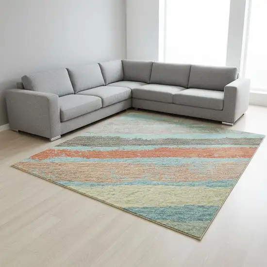 Sky Blue Orange And Ivory Striped Washable Area Rug With UV Protection Photo 2