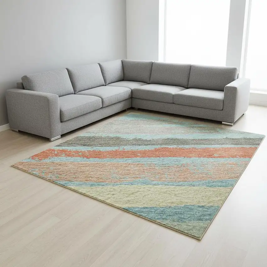 Sky Blue Orange And Ivory Striped Washable Area Rug With UV Protection Photo 2