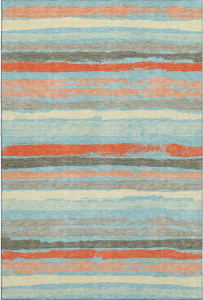 Sky Blue Orange And Ivory Striped Washable Area Rug With UV Protection Photo 4