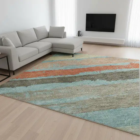 Sky Blue Orange And Ivory Striped Washable Area Rug With UV Protection Photo 2