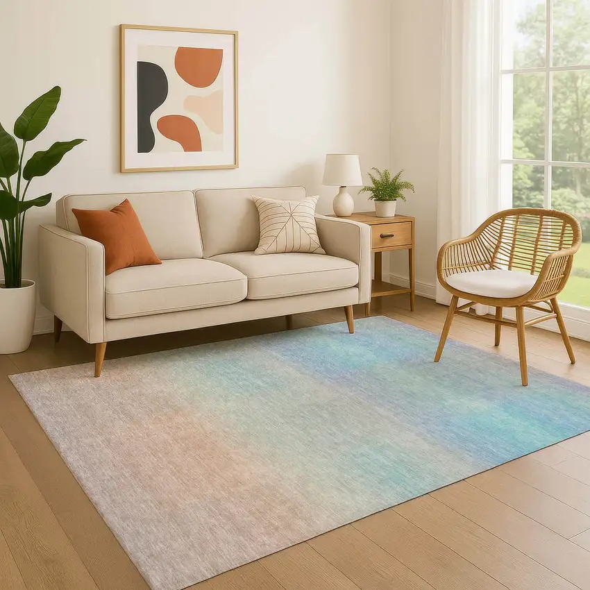 Sky Blue Peach And Lilac Striped Washable Area Rug With UV Protection Photo 3