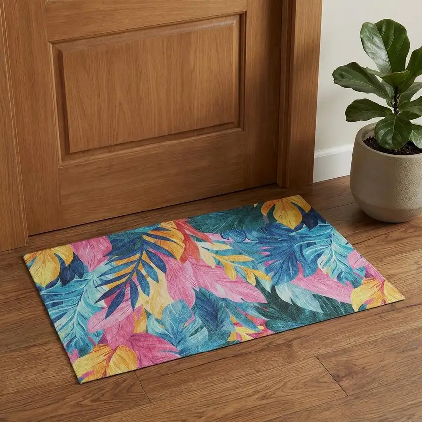 Sky Blue Pink And Gold Floral Washable Area Rug With UV Protection Photo 1