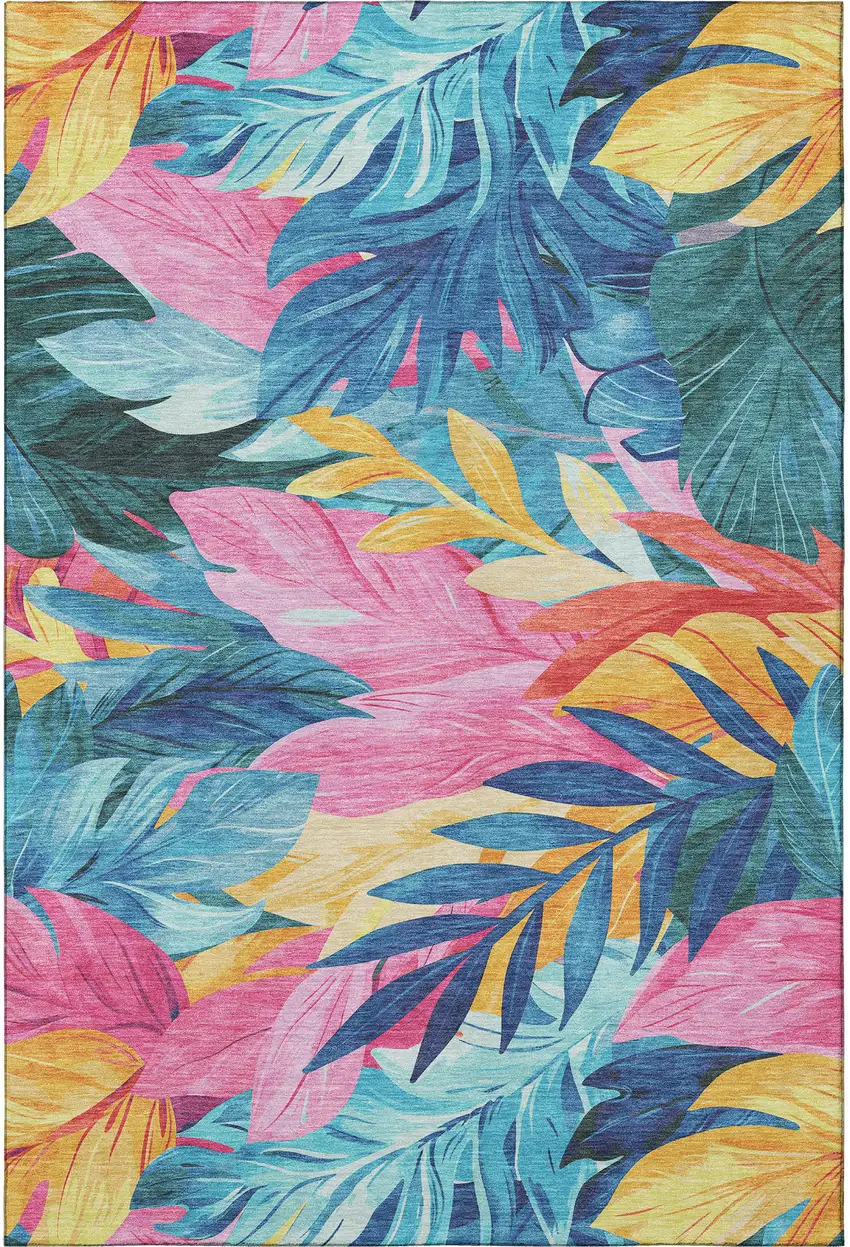 Sky Blue Pink And Gold Floral Washable Area Rug With UV Protection Photo 3