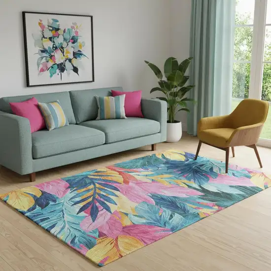 Sky Blue Pink And Gold Floral Washable Area Rug With UV Protection Photo 2