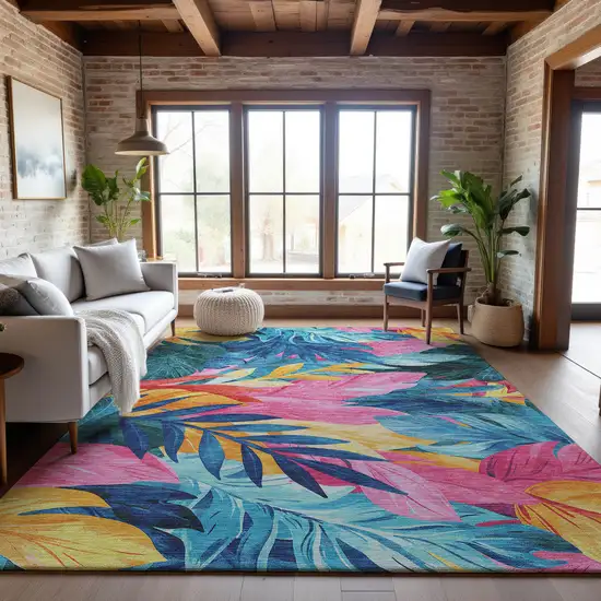 Sky Blue Pink And Gold Floral Washable Area Rug With UV Protection Photo 4