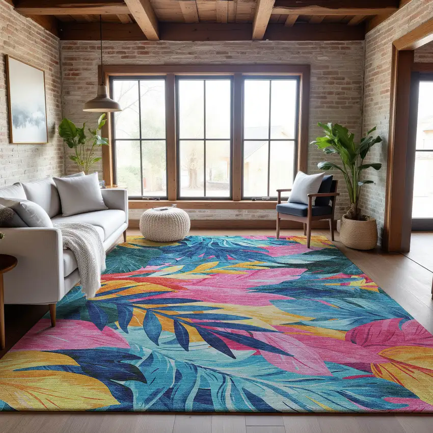 Sky Blue Pink And Gold Floral Washable Area Rug With UV Protection Photo 4