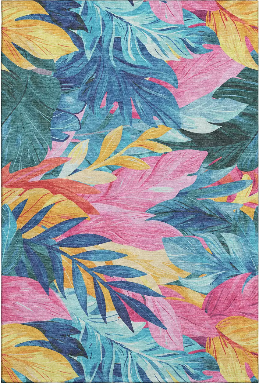 Sky Blue Pink And Gold Floral Washable Area Rug With UV Protection Photo 1