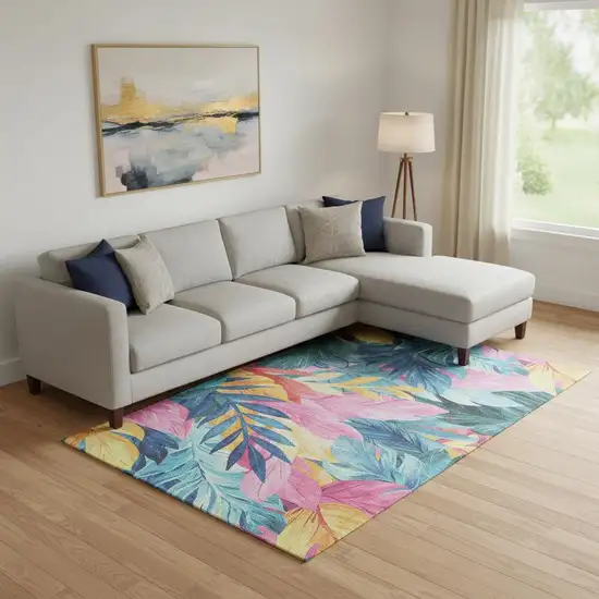 Sky Blue Pink And Gold Floral Washable Area Rug With UV Protection Photo 2