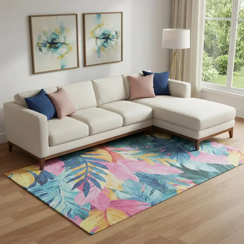 Sky Blue Pink And Gold Floral Washable Area Rug With UV Protection Photo 2