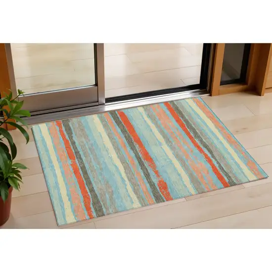 Sky Blue Pink And Gray Striped Washable Indoor Outdoor Area Rug Photo 1