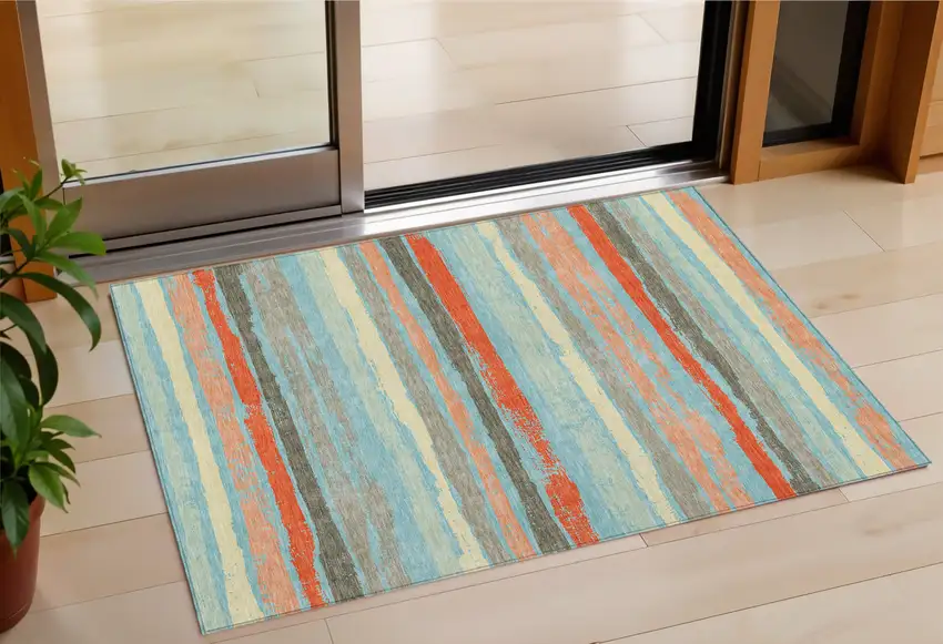 Sky Blue Pink And Gray Striped Washable Indoor Outdoor Area Rug Photo 1