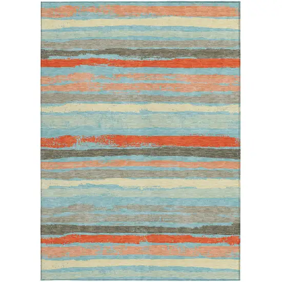 Sky Blue Pink And Gray Striped Washable Indoor Outdoor Area Rug Photo 8