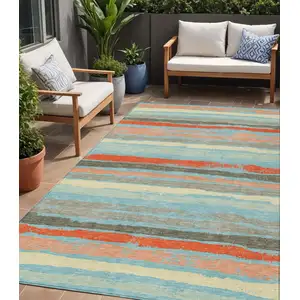 Photo of Sky Blue Pink And Gray Striped Washable Indoor Outdoor Area Rug