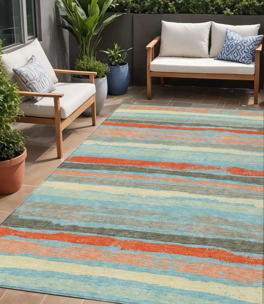 Sky Blue Pink And Gray Striped Washable Indoor Outdoor Area Rug Photo 1