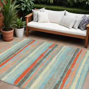 Photo of Sky Blue Pink And Gray Striped Washable Indoor Outdoor Area Rug