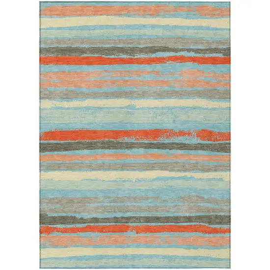 Sky Blue Pink And Gray Striped Washable Indoor Outdoor Area Rug Photo 2