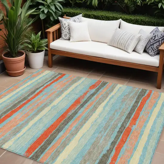 Sky Blue Pink And Gray Striped Washable Indoor Outdoor Area Rug Photo 1