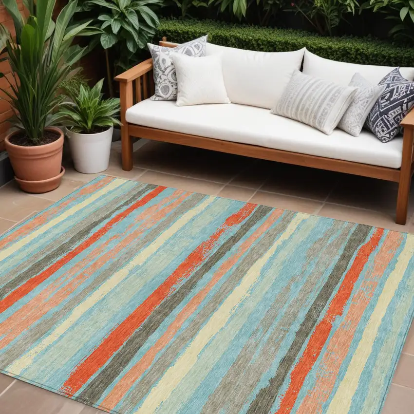 Sky Blue Pink And Gray Striped Washable Indoor Outdoor Area Rug Photo 1