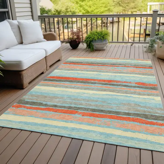 Sky Blue Pink And Gray Striped Washable Indoor Outdoor Area Rug Photo 9