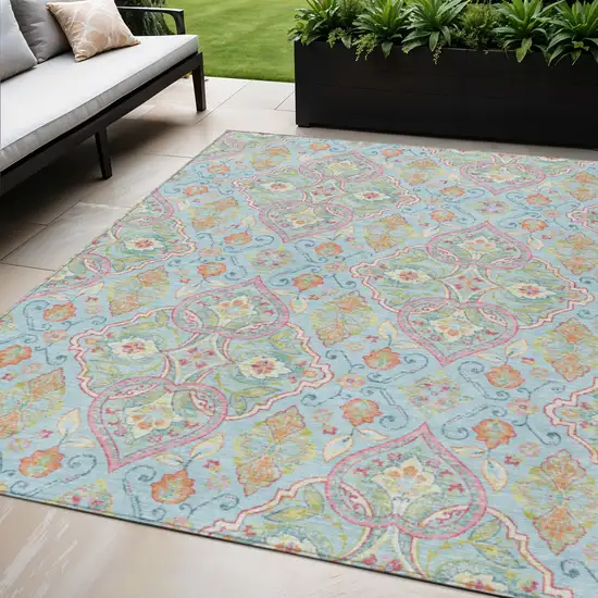 Sky Blue Pink And Orange Ogee Washable Indoor Outdoor Area Rug Photo 2