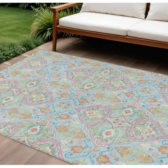 Sky Blue Pink And Orange Ogee Washable Indoor Outdoor Area Rug Photo 2