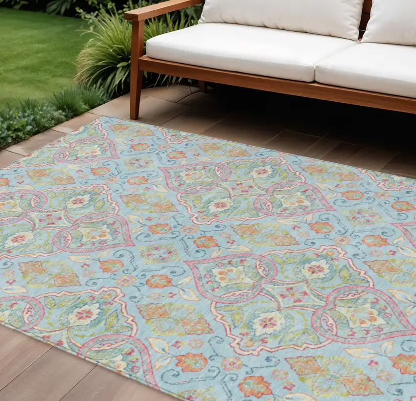 Sky Blue Pink And Orange Ogee Washable Indoor Outdoor Area Rug Photo 2