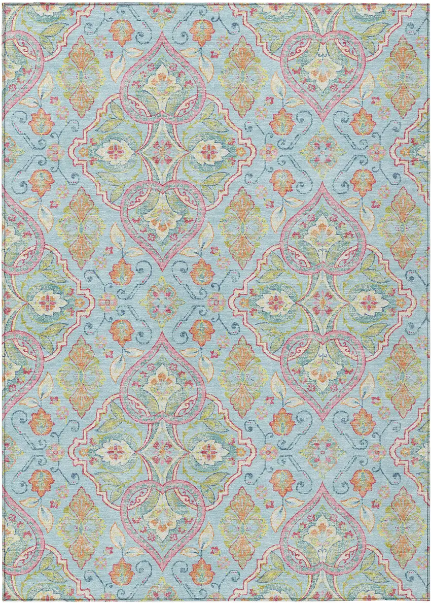Sky Blue Pink And Orange Ogee Washable Indoor Outdoor Area Rug Photo 1
