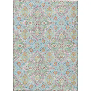 Photo of Sky Blue Pink And Orange Ogee Washable Indoor Outdoor Area Rug