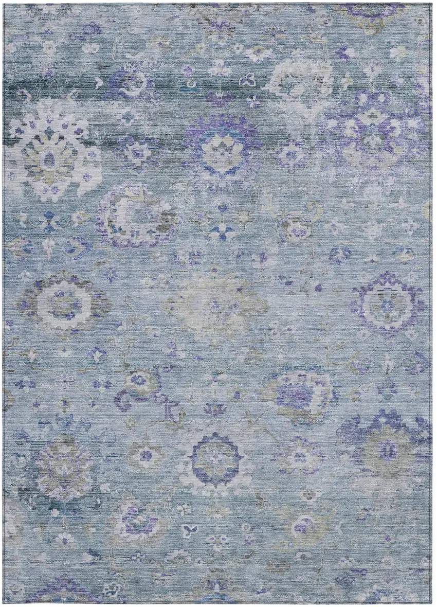 Sky Blue Purple And Gray Floral Washable Indoor Outdoor Area Rug Photo 6
