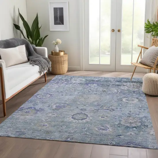 Sky Blue Purple And Gray Floral Washable Indoor Outdoor Area Rug Photo 9