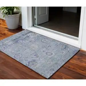 Photo of Sky Blue Purple And Gray Floral Washable Indoor Outdoor Area Rug