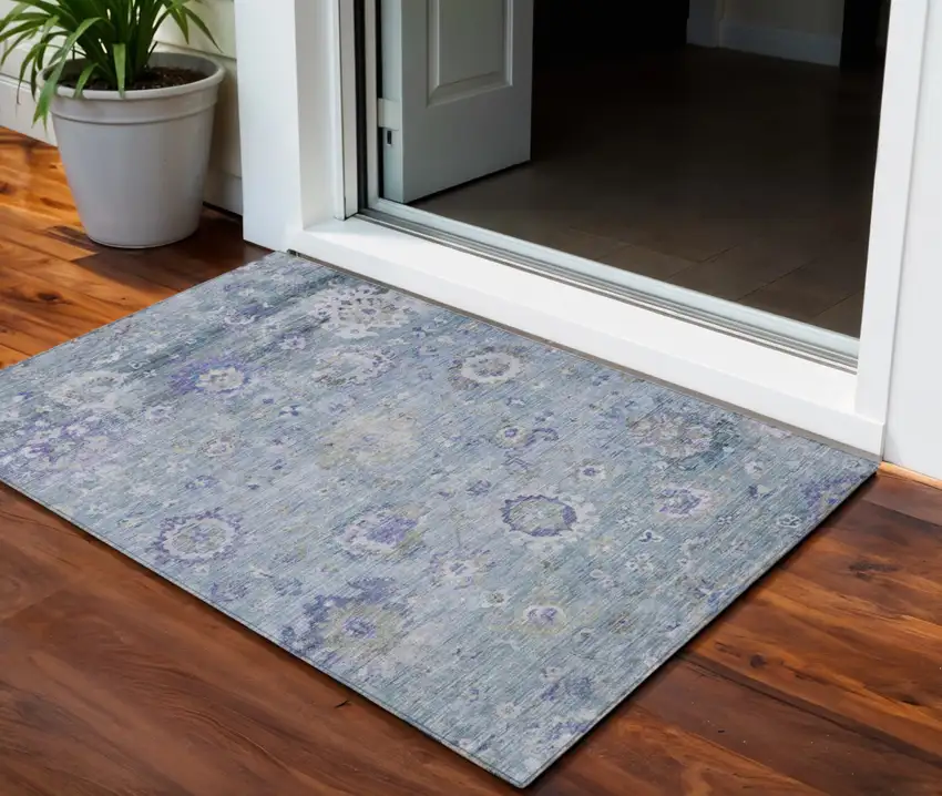 Sky Blue Purple And Gray Floral Washable Indoor Outdoor Area Rug Photo 1