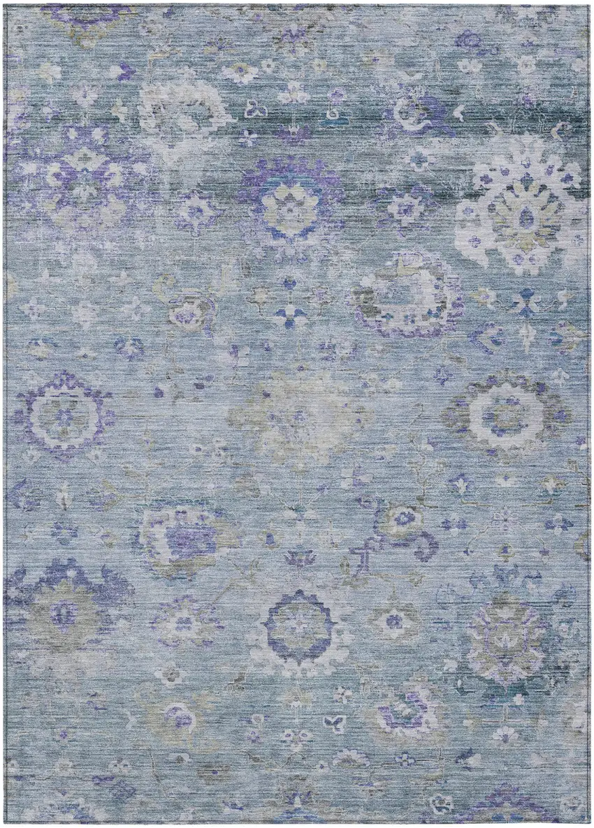 Sky Blue Purple And Gray Floral Washable Indoor Outdoor Area Rug Photo 2