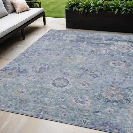 Sky Blue Purple And Gray Floral Washable Indoor Outdoor Area Rug Photo 1