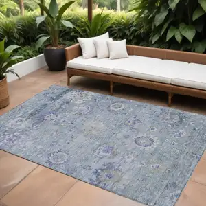 Photo of Sky Blue Purple And Gray Floral Washable Indoor Outdoor Area Rug