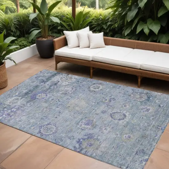 Sky Blue Purple And Gray Floral Washable Indoor Outdoor Area Rug Photo 1
