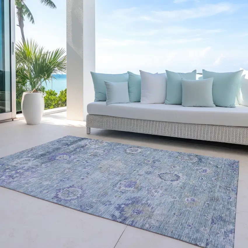 Sky Blue Purple And Gray Floral Washable Indoor Outdoor Area Rug Photo 8
