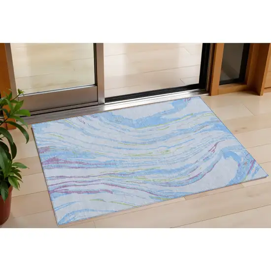 Sky Blue Purple And Green Abstract Washable Indoor Outdoor Area Rug Photo 1