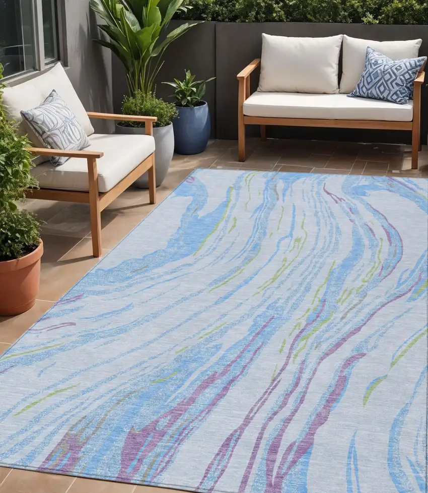 Sky Blue Purple And Green Abstract Washable Indoor Outdoor Area Rug Photo 1