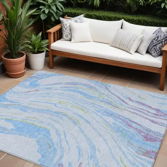 Sky Blue Purple And Green Abstract Washable Indoor Outdoor Area Rug Photo 1