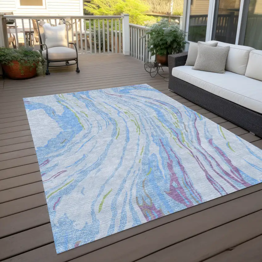 Sky Blue Purple And Green Abstract Washable Indoor Outdoor Area Rug Photo 9