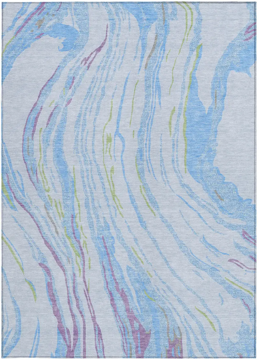 Sky Blue Purple And Green Abstract Washable Indoor Outdoor Area Rug Photo 8