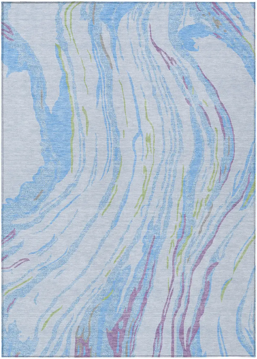 Sky Blue Purple And Green Abstract Washable Indoor Outdoor Area Rug Photo 2