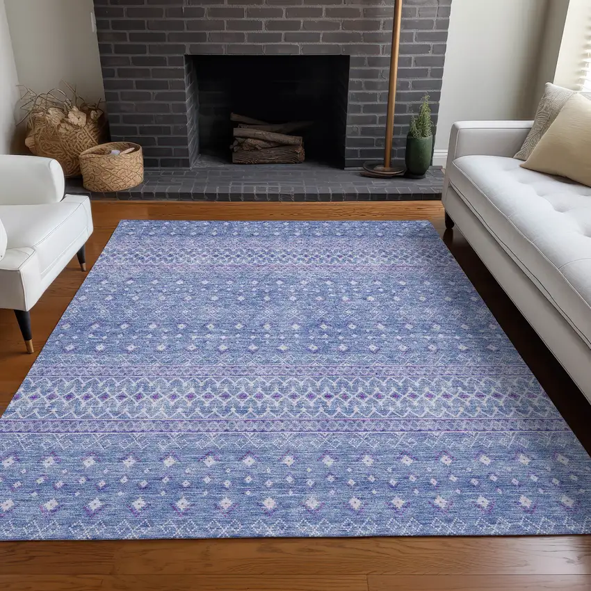 Sky Blue Purple And Ivory Tribal Washable Indoor Outdoor Area Rug Photo 6